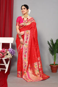 Thumbnail for NOZ2TOZ Women Wedding Wear Zari Weaving Paithani Silk Saree with Unstitched Blouse - Red