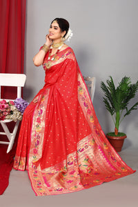 Thumbnail for NOZ2TOZ Women Wedding Wear Zari Weaving Paithani Silk Saree with Unstitched Blouse - Red