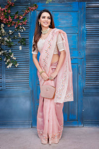 Thumbnail for NOZ2TOZ Women Party Wear Jimi Chu Silk Saree with Unstitched Blouse - Pink