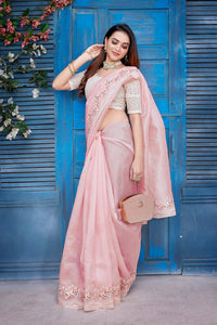 Thumbnail for NOZ2TOZ Women Party Wear Jimi Chu Silk Saree with Unstitched Blouse - Pink