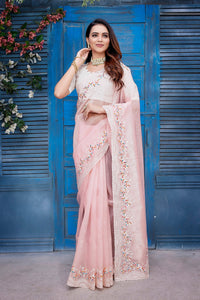 Thumbnail for NOZ2TOZ Women Party Wear Jimi Chu Silk Saree with Unstitched Blouse - Pink