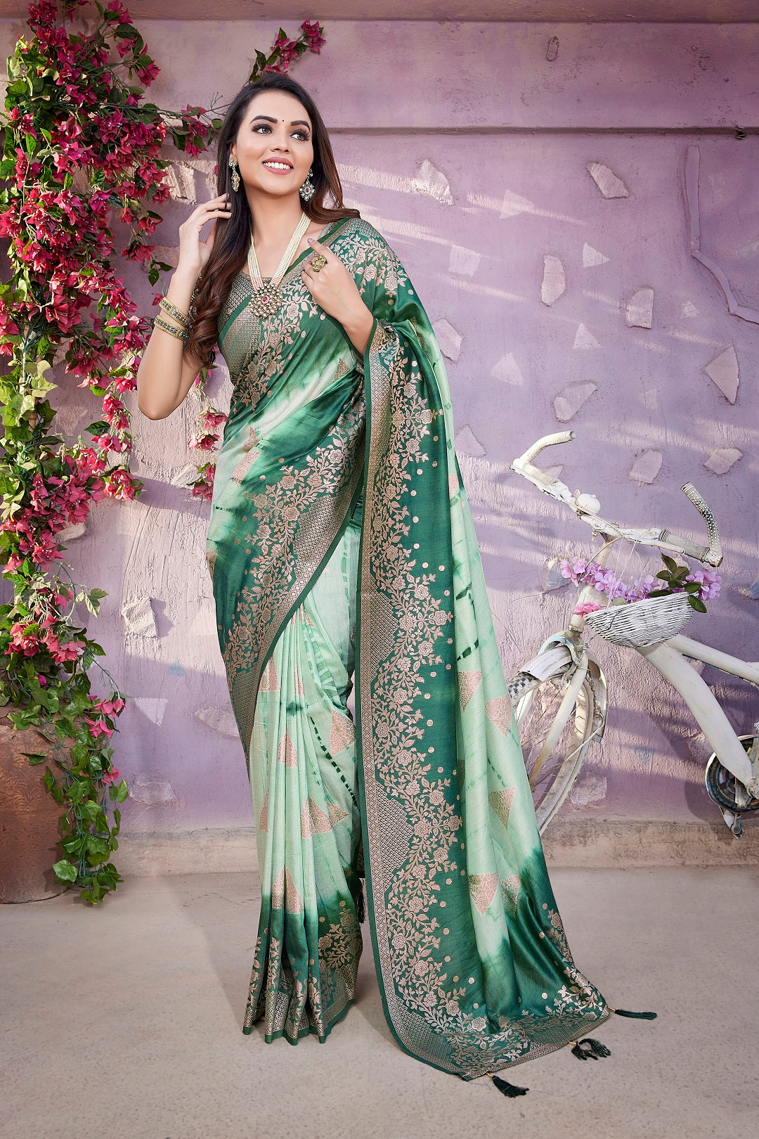 NOZ2TOZ Women Party Wear Viscose Silk Saree with Unstitched Blouse - Light Green