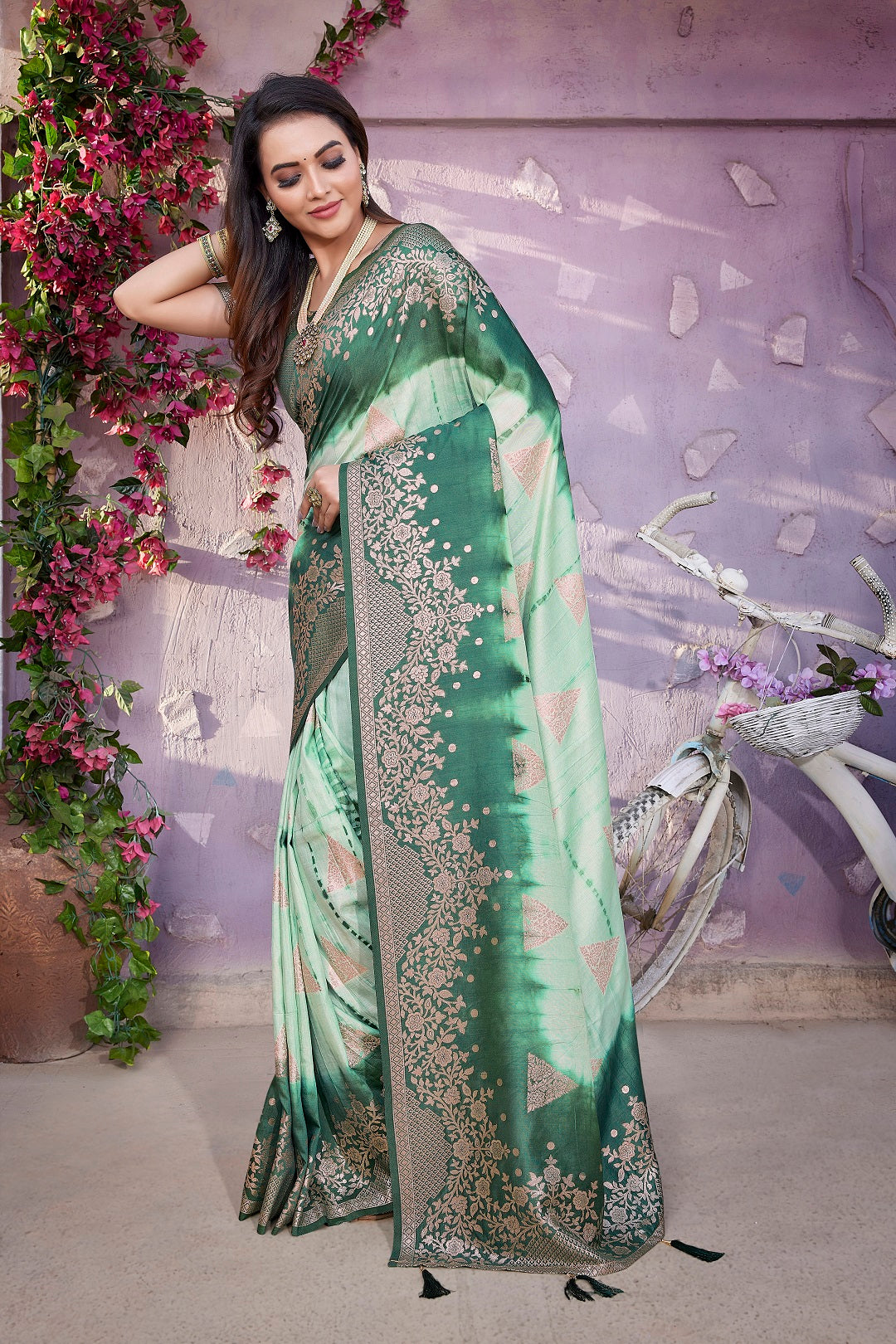 NOZ2TOZ Women Party Wear Viscose Silk Saree with Unstitched Blouse - Light Green