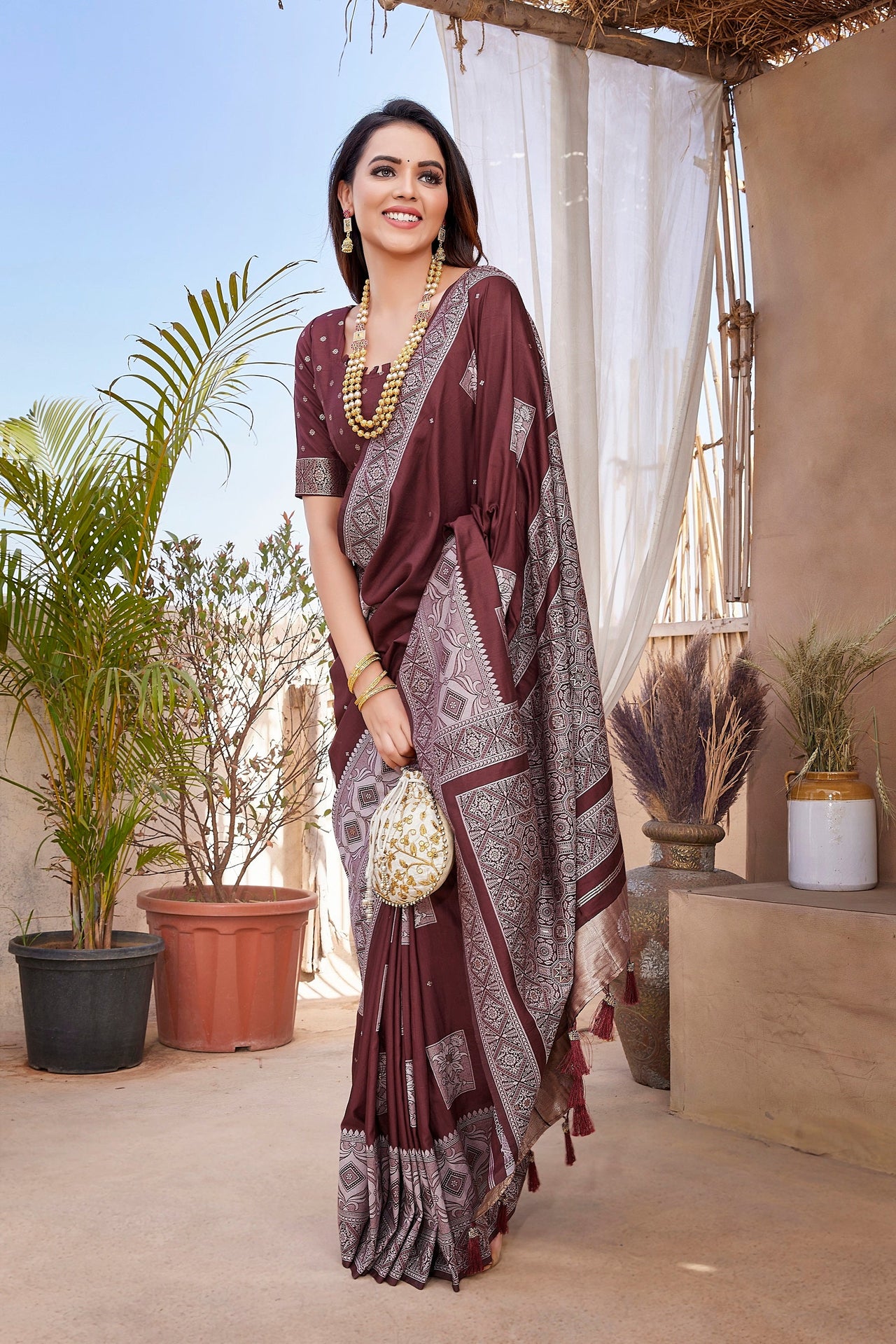 NOZ2TOZ Women Wedding Wear Zari Weaving Paithani Silk Saree with Unstitched Blouse - Coffee
