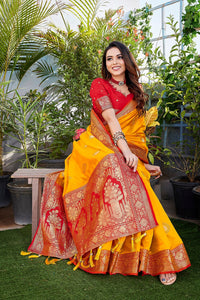 Thumbnail for NOZ2TOZ Women Party Wear Pure Zari Silk Saree with Unstitched Blouse - Yellow