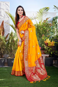 Thumbnail for NOZ2TOZ Women Party Wear Pure Zari Silk Saree with Unstitched Blouse - Yellow