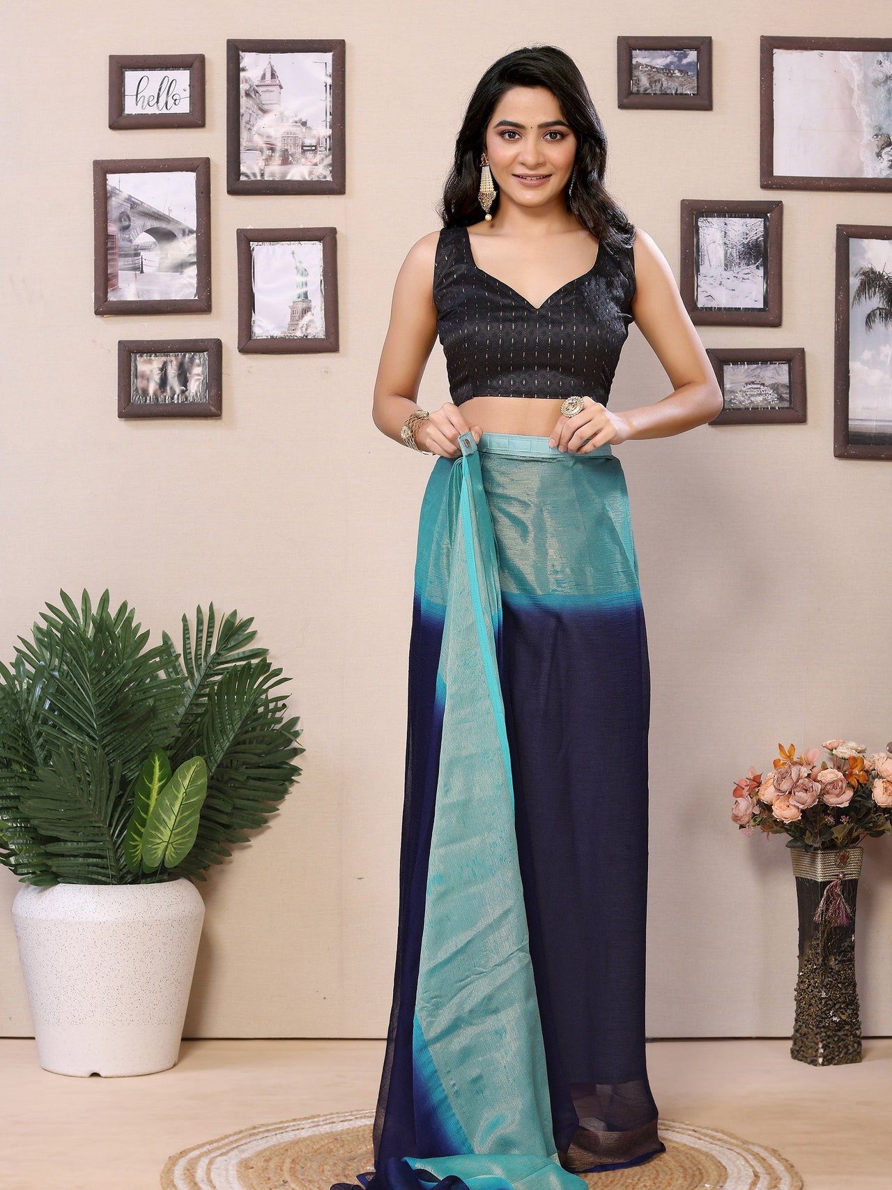 NOZ2TOZ Women Party Wear Printed Chiffon Ready to Wear Saree with Unstitched Blouse - Blue & Sky Blue