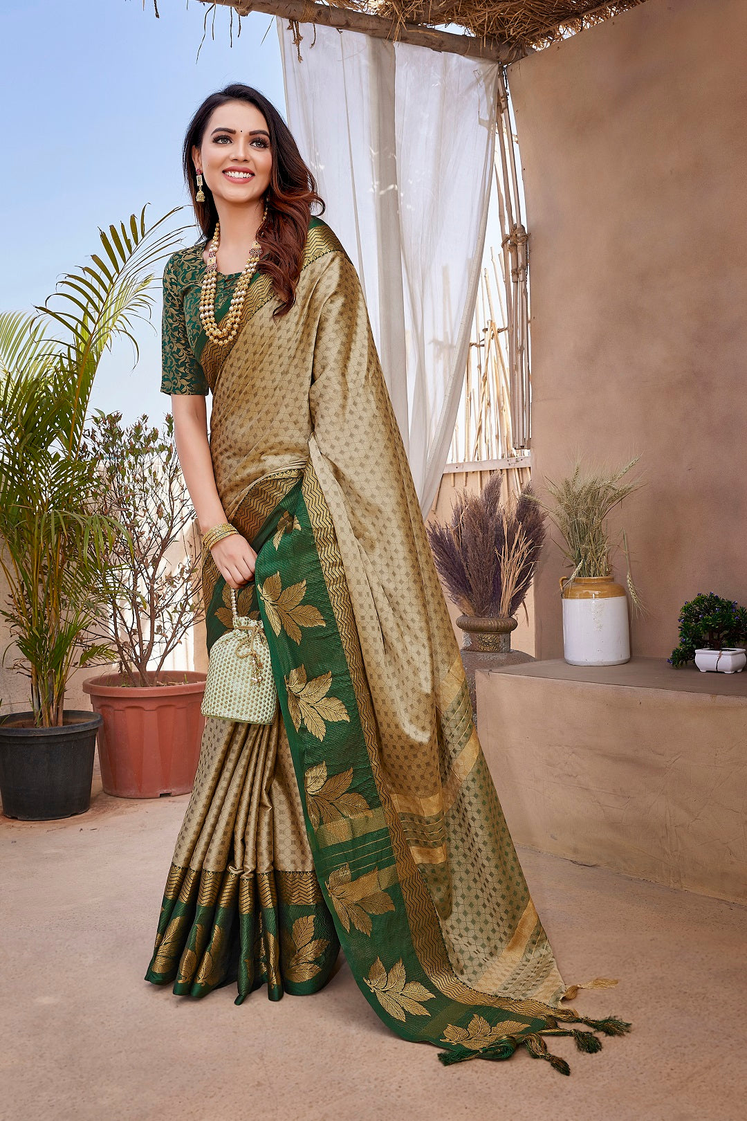 NOZ2TOZ Women Party Wear Aura Silk Saree with Unstitched Blouse - Light Brown