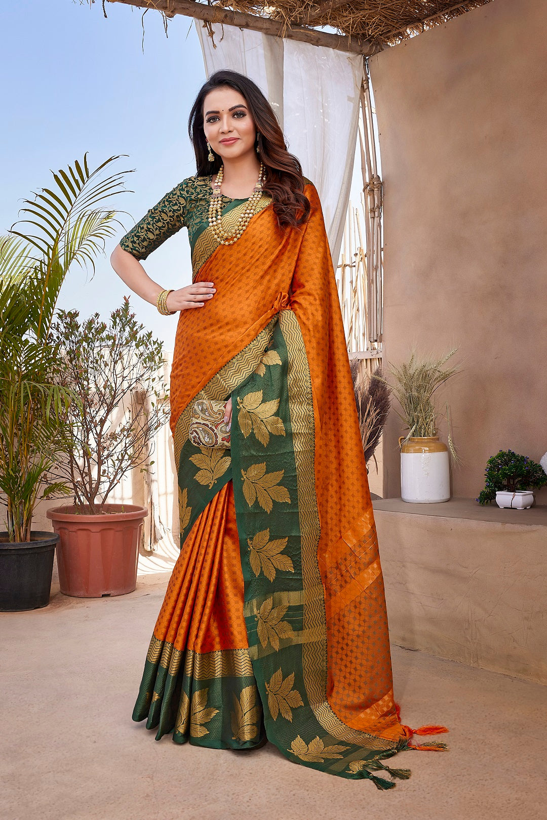 NOZ2TOZ Women Party Wear Aura Silk Saree with Unstitched Blouse - Orange