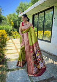 Thumbnail for NOZ2TOZ Women Party Wear Zari Weaving Paithani Silk Saree with Unstitched Blouse - Parrot Green