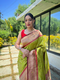 Thumbnail for NOZ2TOZ Women Party Wear Zari Weaving Paithani Silk Saree with Unstitched Blouse - Parrot Green
