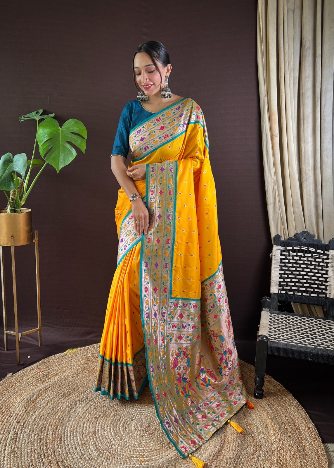 NOZ2TOZ Women Party Wear Zari Weaving Paithani Silk Saree with Unstitched Blouse - Yellow
