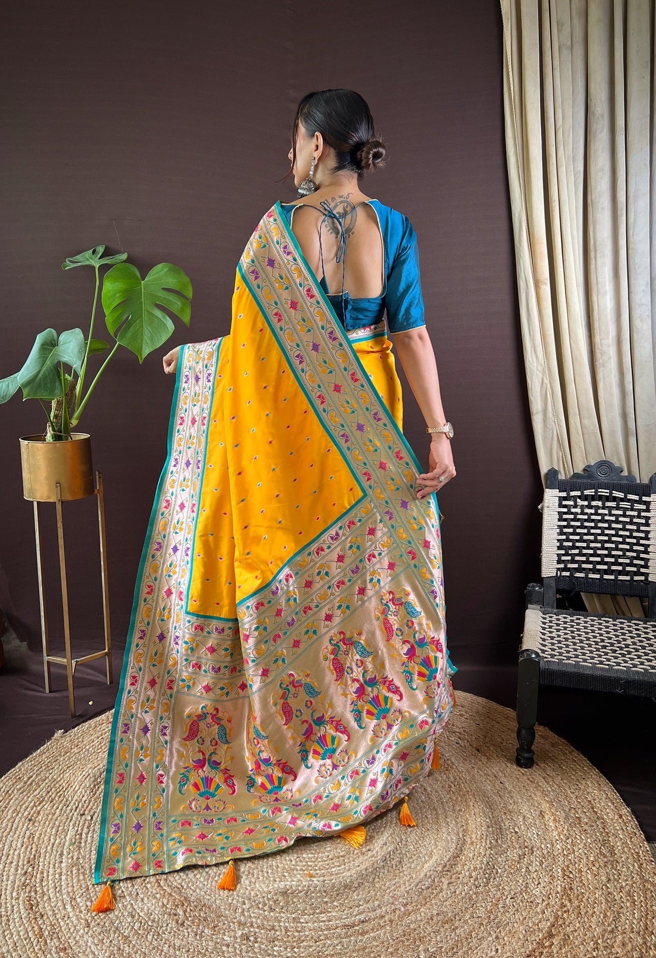 NOZ2TOZ Women Party Wear Zari Weaving Paithani Silk Saree with Unstitched Blouse - Yellow