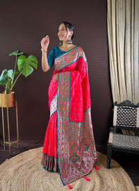 Thumbnail for NOZ2TOZ Women Party Wear Zari Weaving Paithani Silk Saree with Unstitched Blouse - Pink