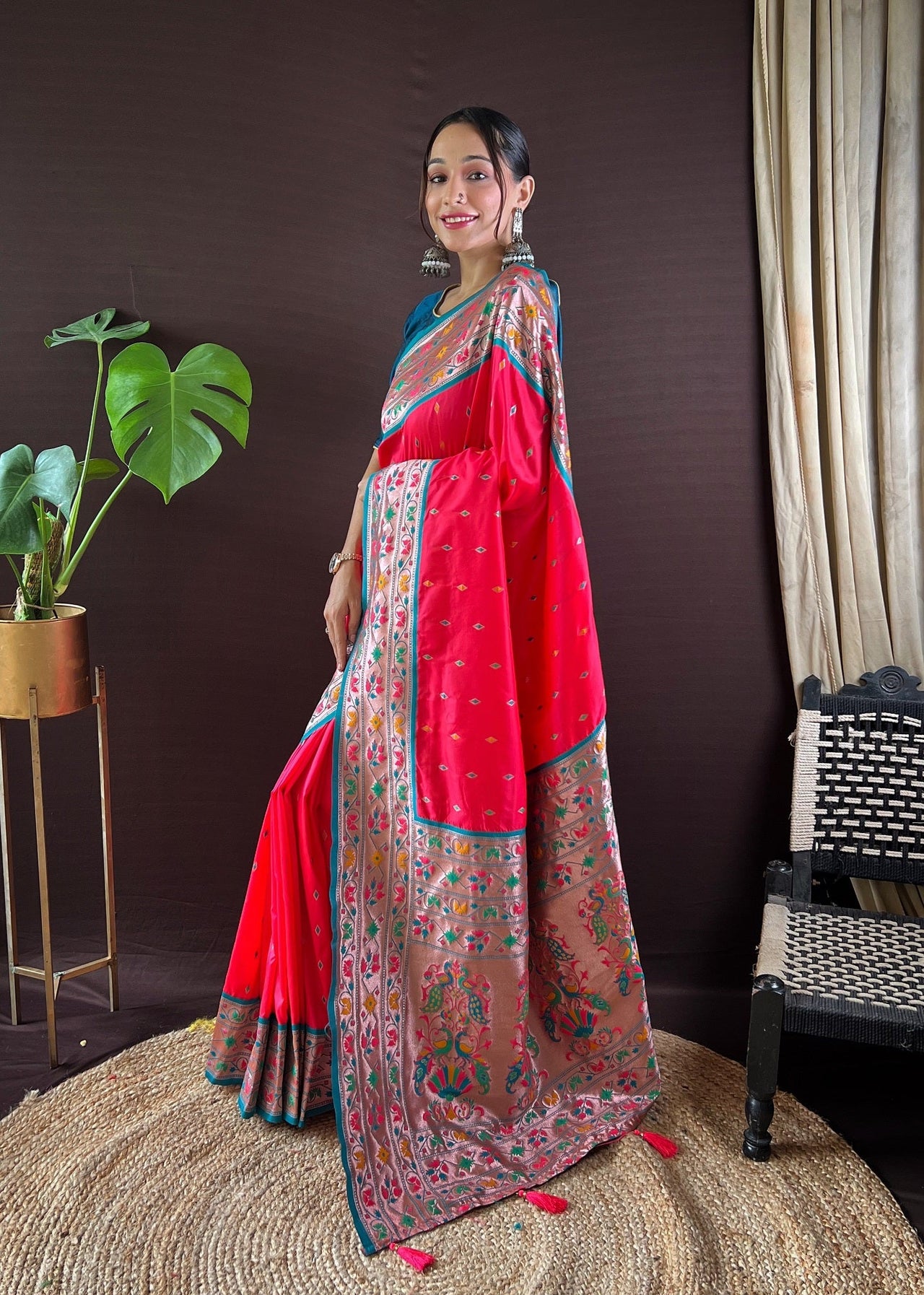 NOZ2TOZ Women Party Wear Zari Weaving Paithani Silk Saree with Unstitched Blouse - Pink