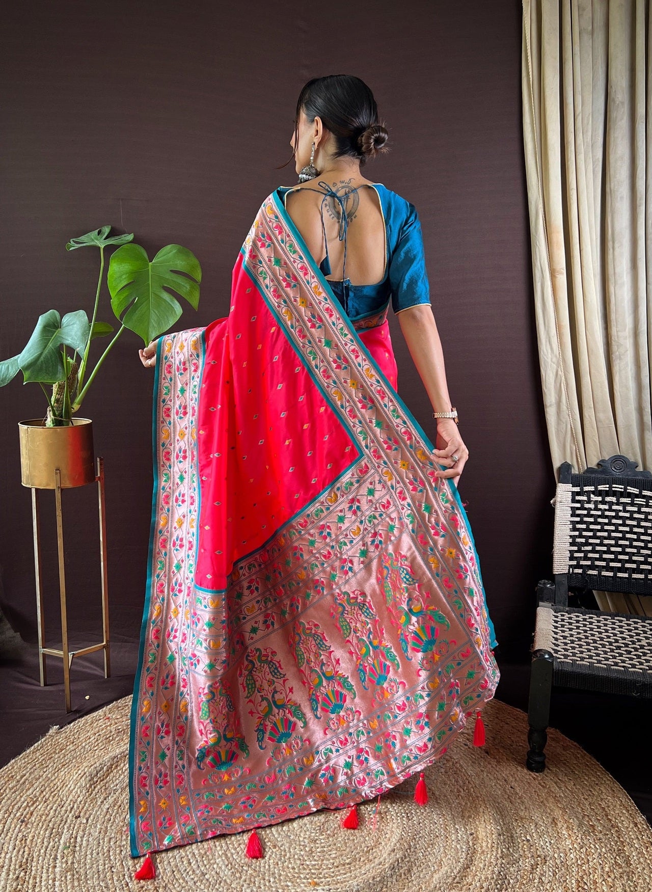 NOZ2TOZ Women Party Wear Zari Weaving Paithani Silk Saree with Unstitched Blouse - Pink