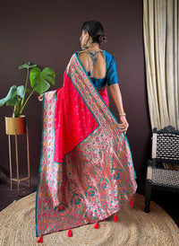 Thumbnail for NOZ2TOZ Women Party Wear Zari Weaving Paithani Silk Saree with Unstitched Blouse - Pink