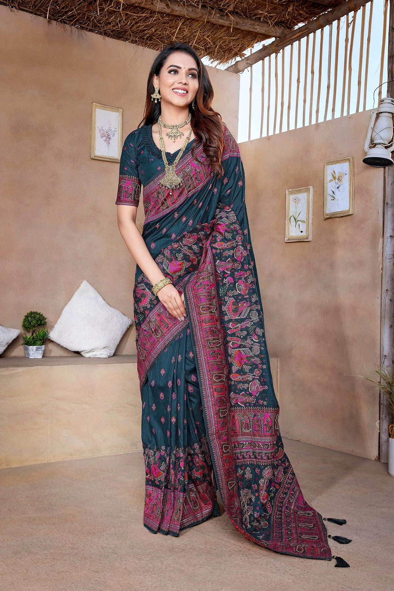 NOZ2TOZ Women Wedding Wear Jacquard Weaving Worked Pure Pashmina Saree with Unstitched Blouse - Navy Blue