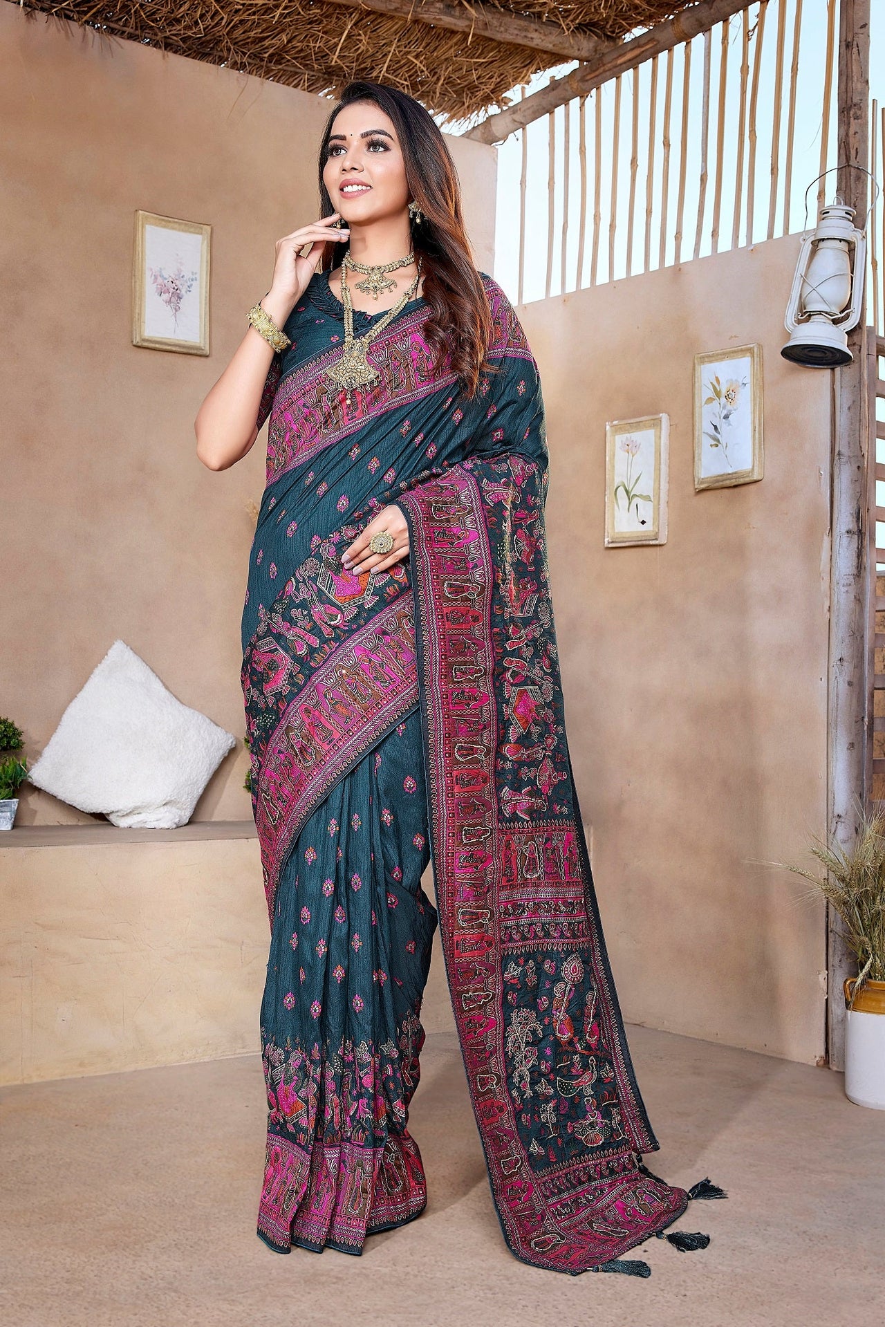NOZ2TOZ Women Wedding Wear Jacquard Weaving Worked Pure Pashmina Saree with Unstitched Blouse - Navy Blue
