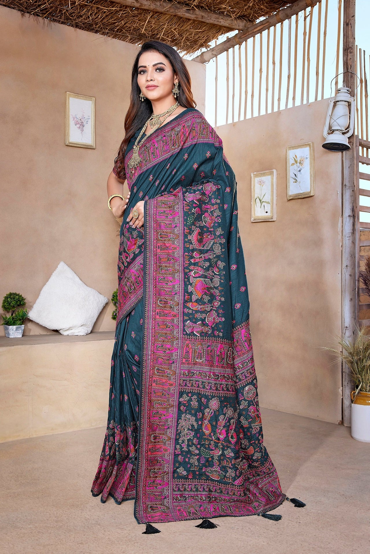 NOZ2TOZ Women Wedding Wear Jacquard Weaving Worked Pure Pashmina Saree with Unstitched Blouse - Navy Blue