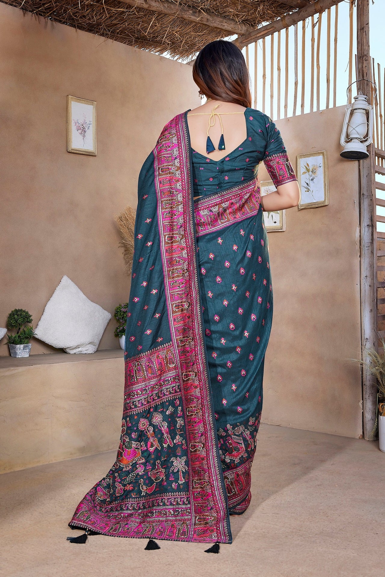 NOZ2TOZ Women Wedding Wear Jacquard Weaving Worked Pure Pashmina Saree with Unstitched Blouse - Navy Blue