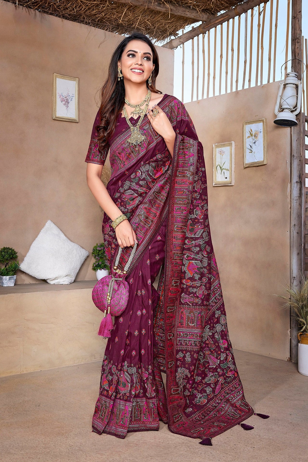 NOZ2TOZ Women Wedding Wear Jacquard Weaving Worked Pure Pashmina Saree with Unstitched Blouse - Wine