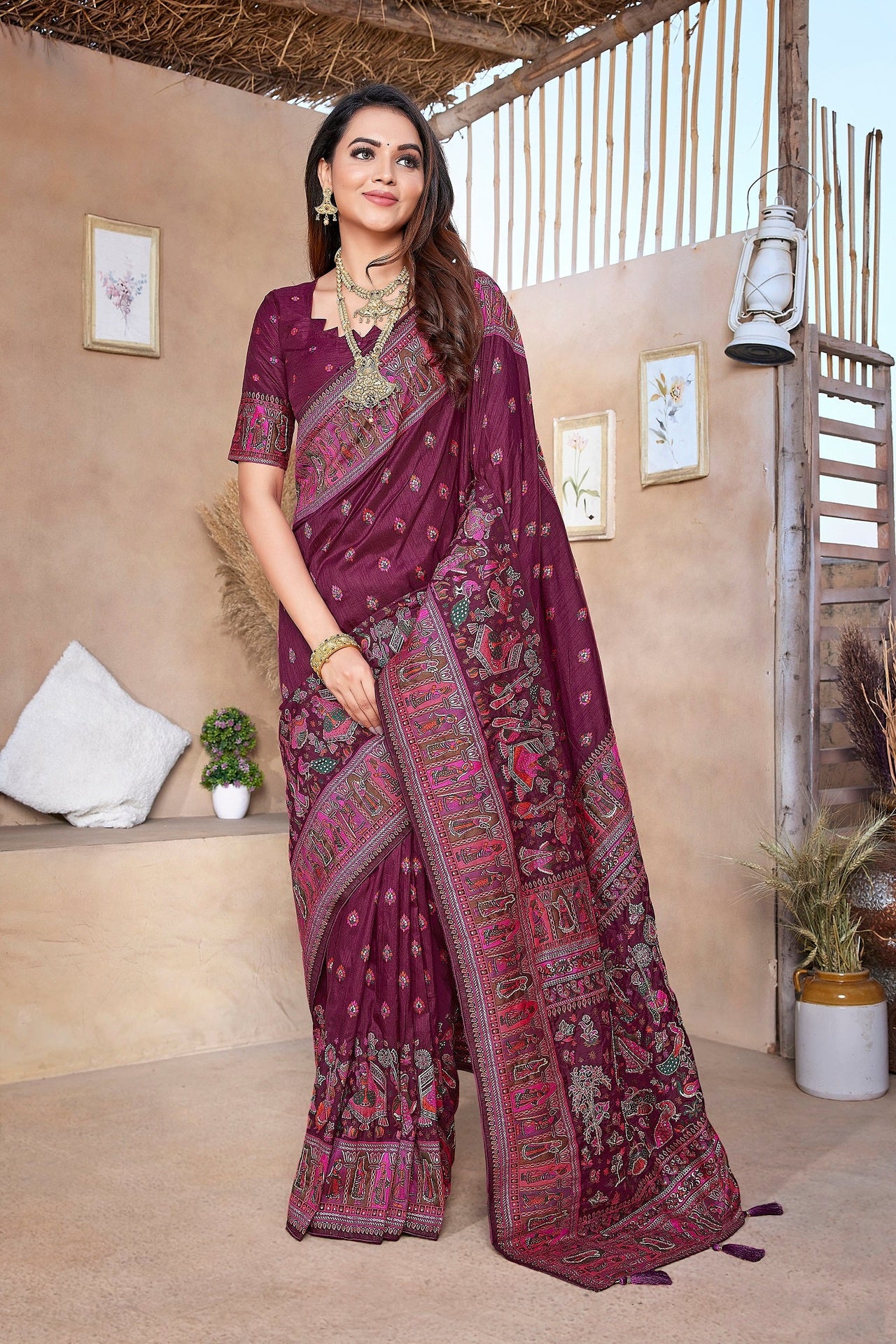NOZ2TOZ Women Wedding Wear Jacquard Weaving Worked Pure Pashmina Saree with Unstitched Blouse - Wine