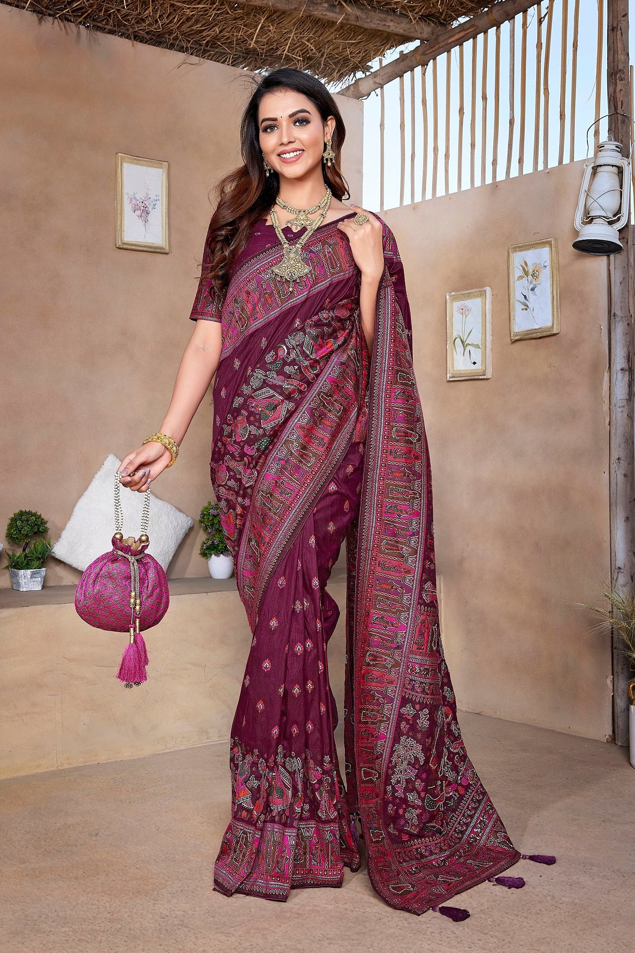 NOZ2TOZ Women Wedding Wear Jacquard Weaving Worked Pure Pashmina Saree with Unstitched Blouse - Wine