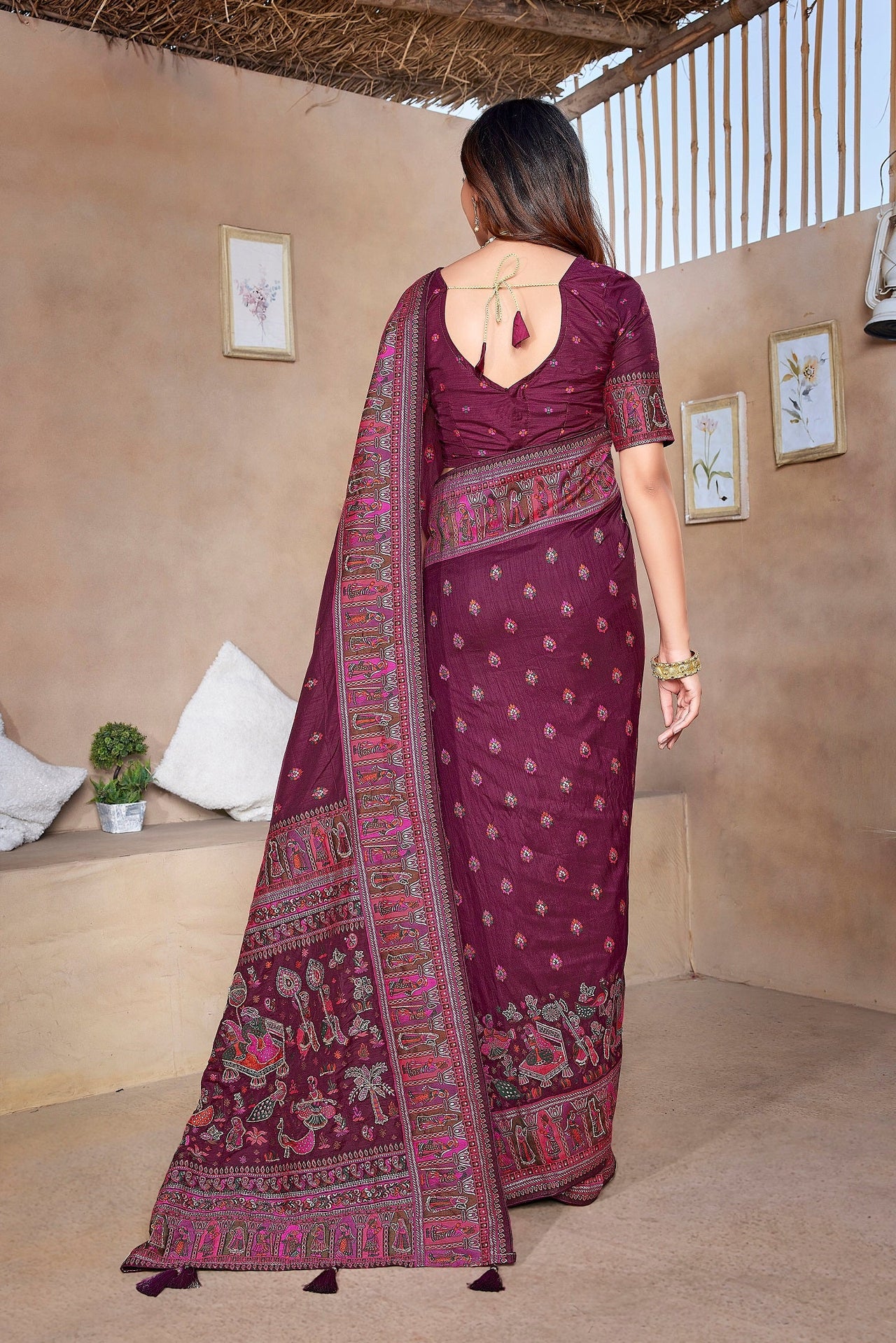 NOZ2TOZ Women Wedding Wear Jacquard Weaving Worked Pure Pashmina Saree with Unstitched Blouse - Wine