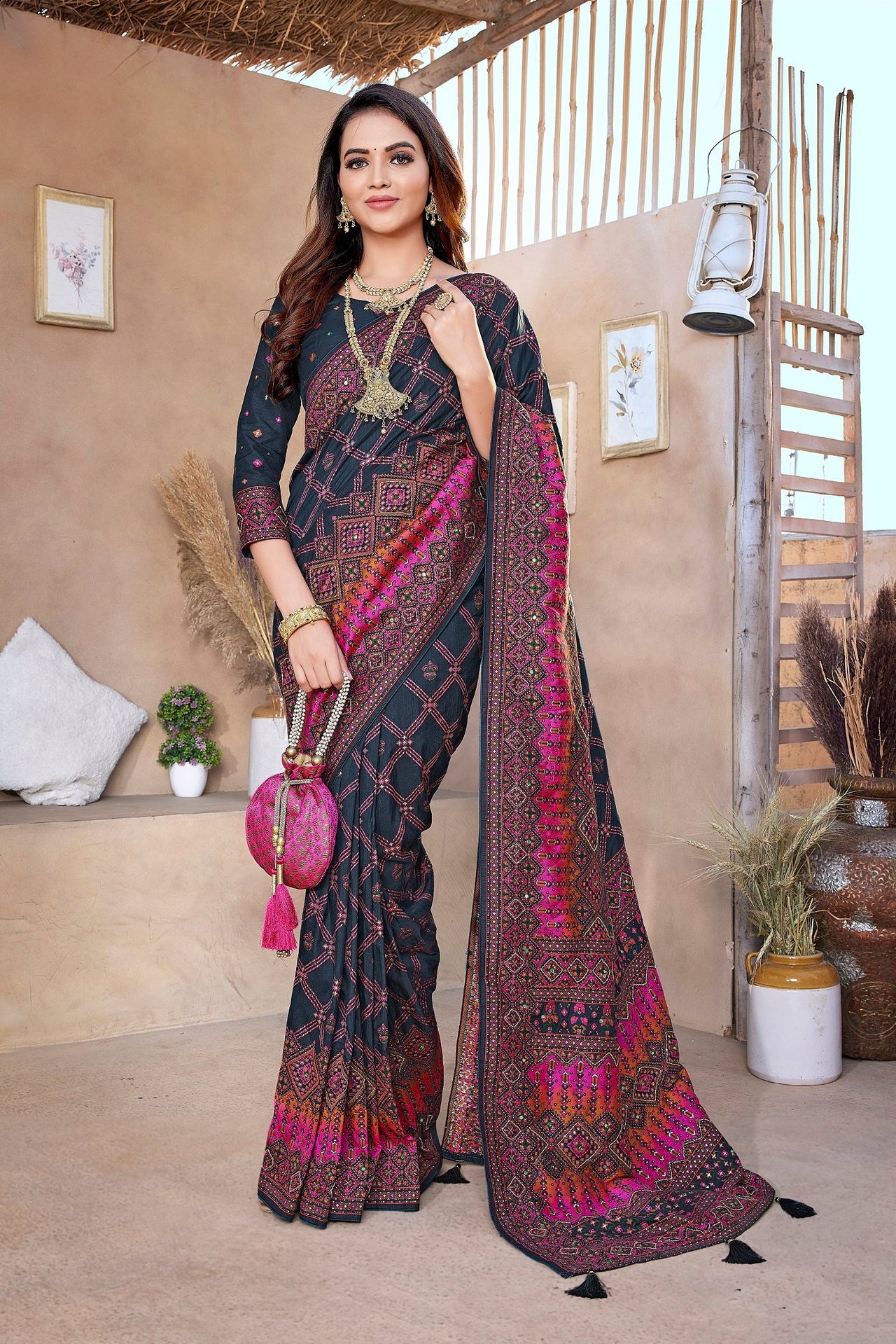 NOZ2TOZ Women Wedding Wear Jacquard Weaving Worked Pure Pashmina Saree with Unstitched Blouse - Navy Blue