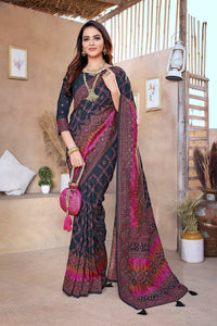 Thumbnail for NOZ2TOZ Women Wedding Wear Jacquard Weaving Worked Pure Pashmina Saree with Unstitched Blouse - Navy Blue
