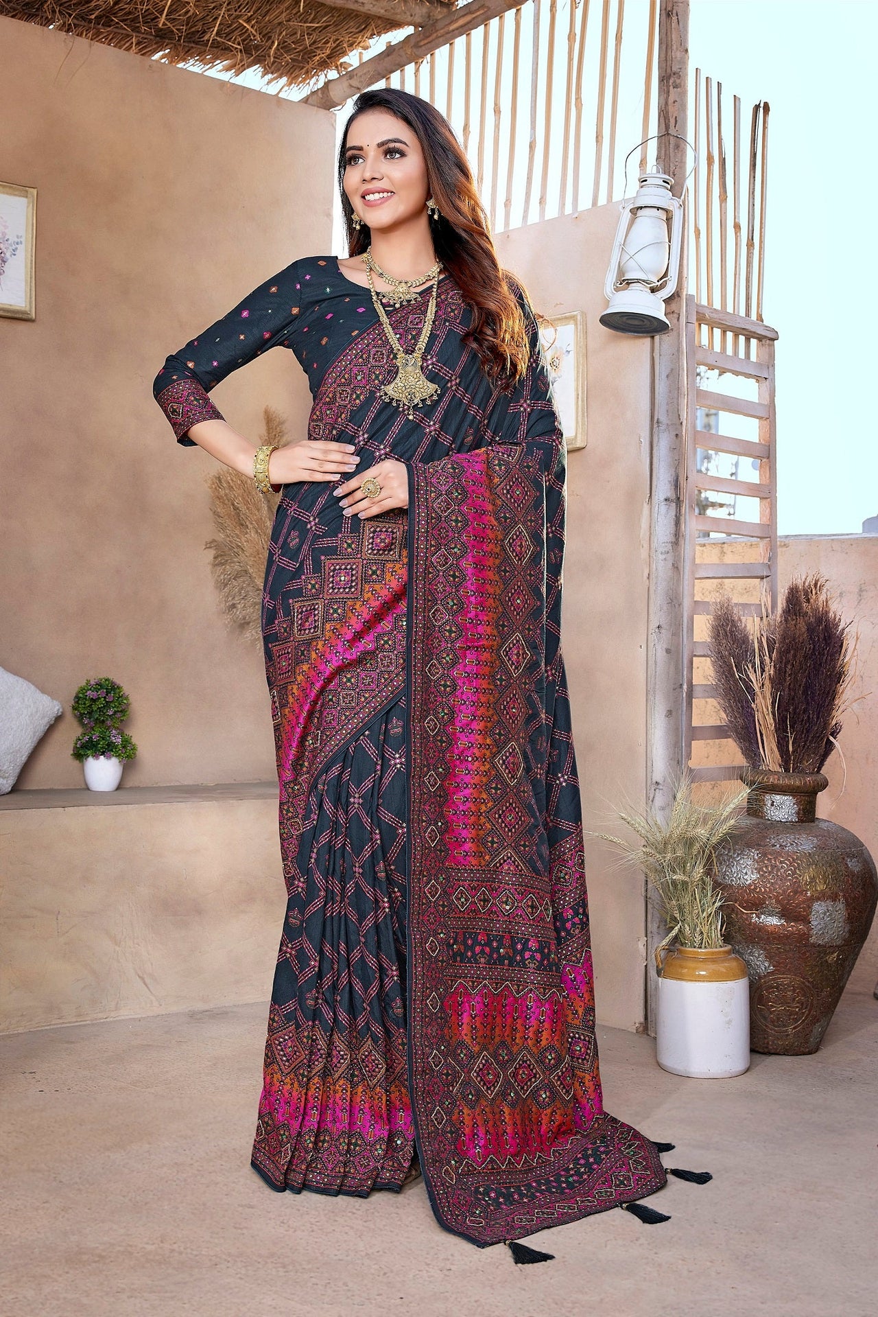 NOZ2TOZ Women Wedding Wear Jacquard Weaving Worked Pure Pashmina Saree with Unstitched Blouse - Navy Blue