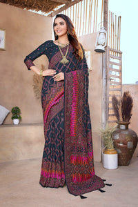 Thumbnail for NOZ2TOZ Women Wedding Wear Jacquard Weaving Worked Pure Pashmina Saree with Unstitched Blouse - Navy Blue