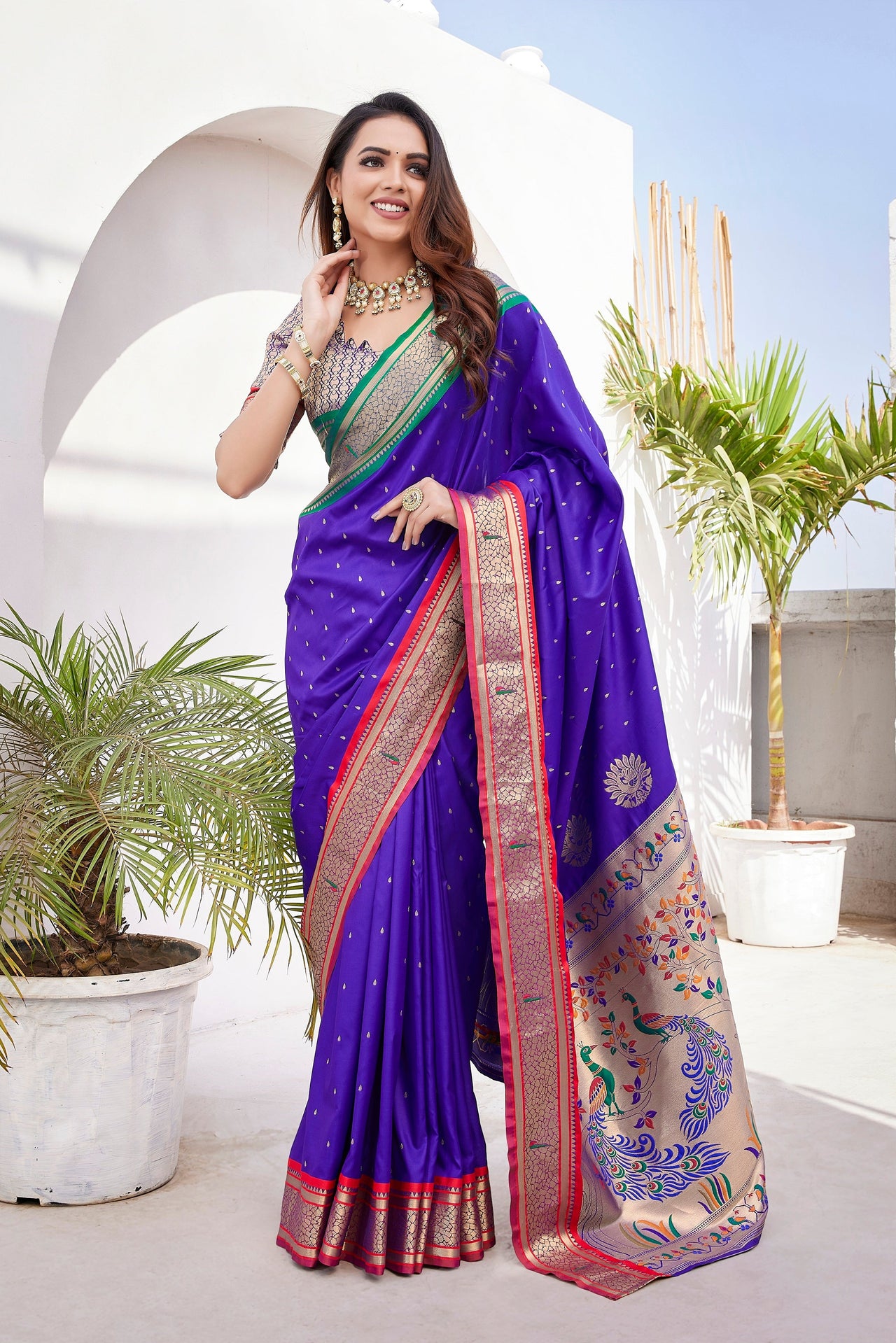 NOZ2TOZ Women Wedding Wear Zari Weaving Paithani Silk Saree with Unstitched Blouse - Blue