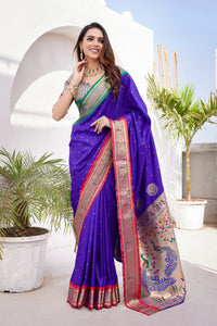 Thumbnail for NOZ2TOZ Women Wedding Wear Zari Weaving Paithani Silk Saree with Unstitched Blouse - Blue