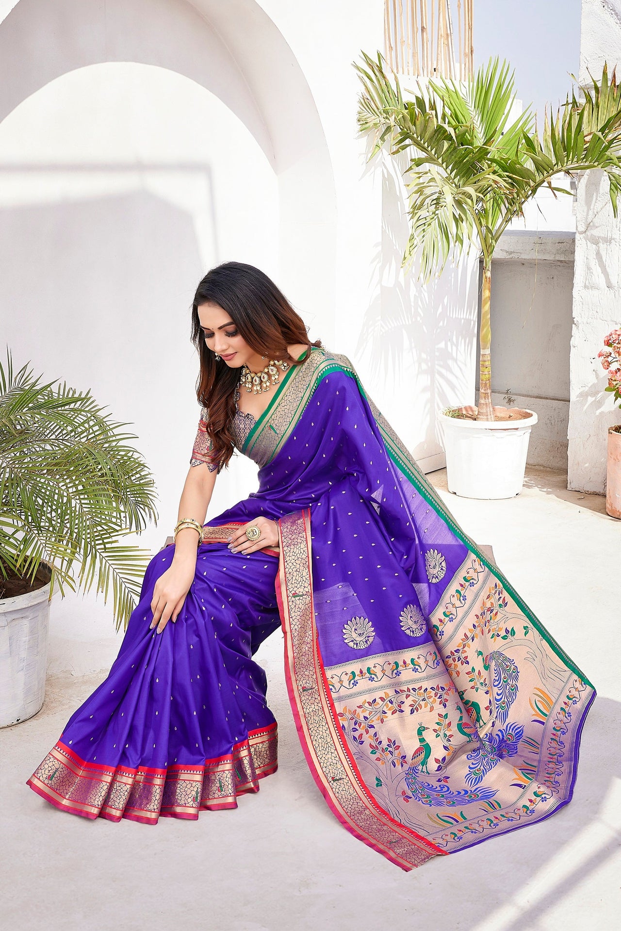 NOZ2TOZ Women Wedding Wear Zari Weaving Paithani Silk Saree with Unstitched Blouse - Blue