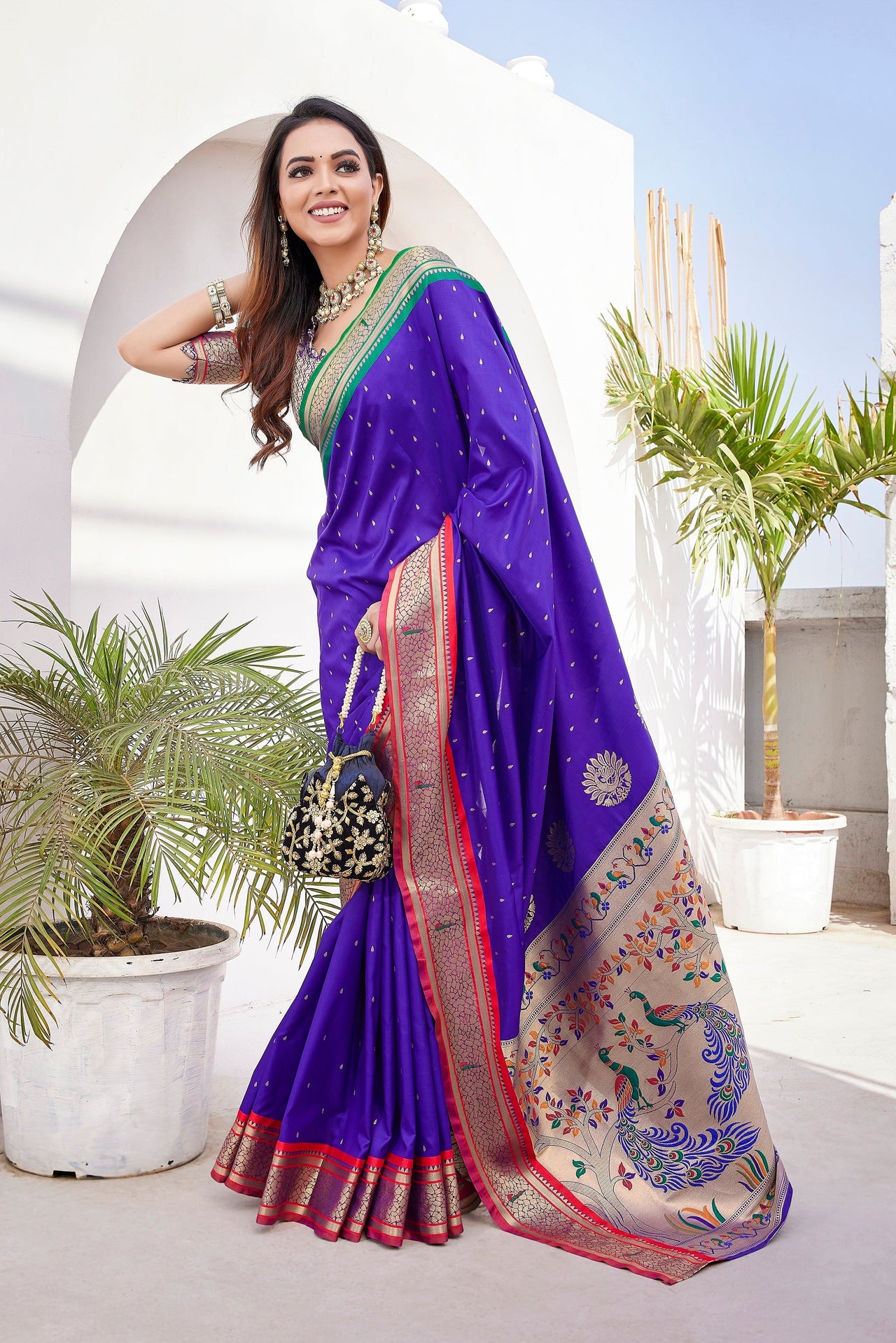 NOZ2TOZ Women Wedding Wear Zari Weaving Paithani Silk Saree with Unstitched Blouse - Blue
