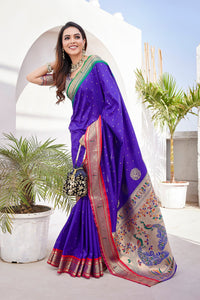 Thumbnail for NOZ2TOZ Women Wedding Wear Zari Weaving Paithani Silk Saree with Unstitched Blouse - Blue