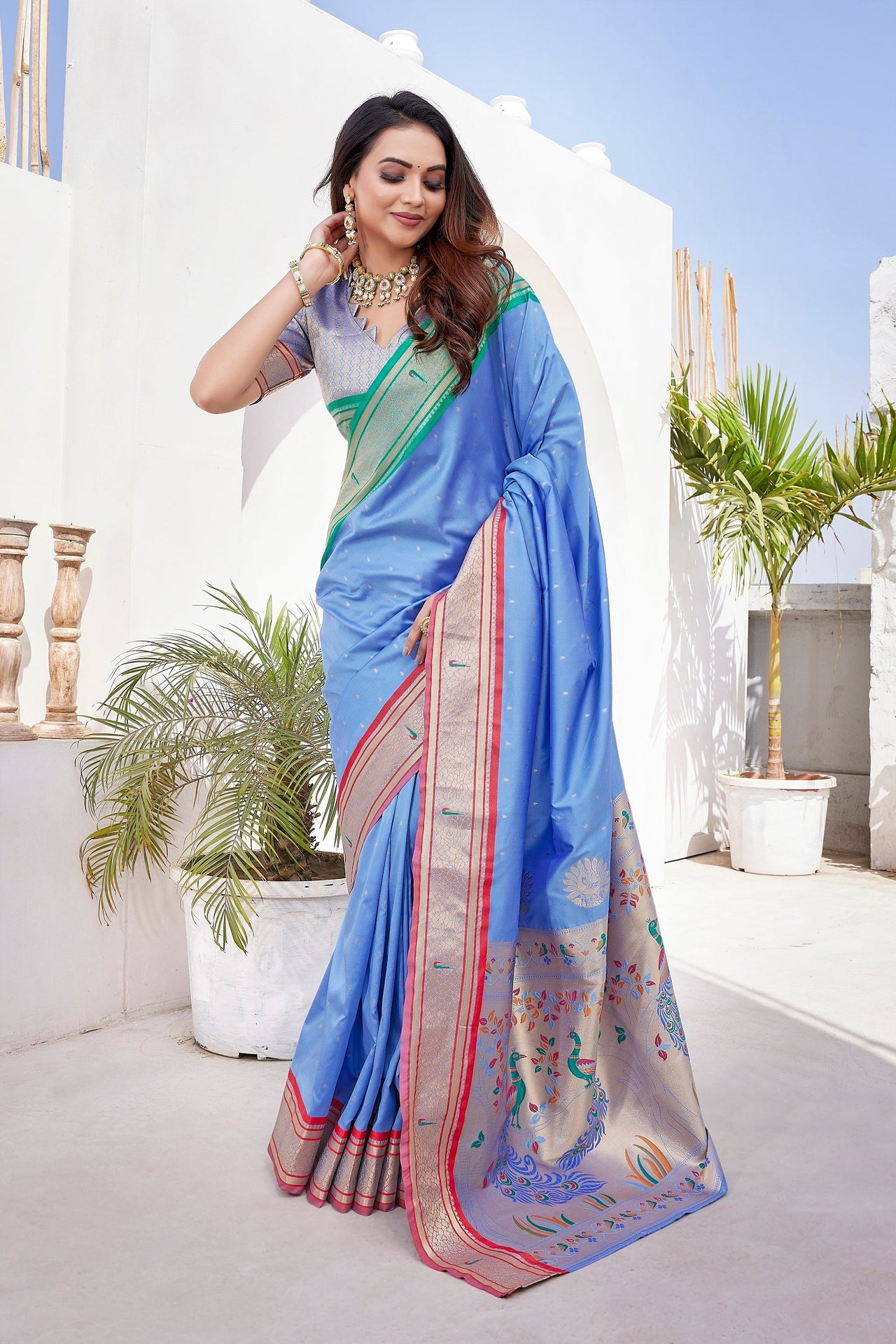 NOZ2TOZ Women Wedding Wear Zari Weaving Paithani Silk Saree with Unstitched Blouse - Sky Blue