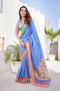 Thumbnail for NOZ2TOZ Women Wedding Wear Zari Weaving Paithani Silk Saree with Unstitched Blouse - Sky Blue