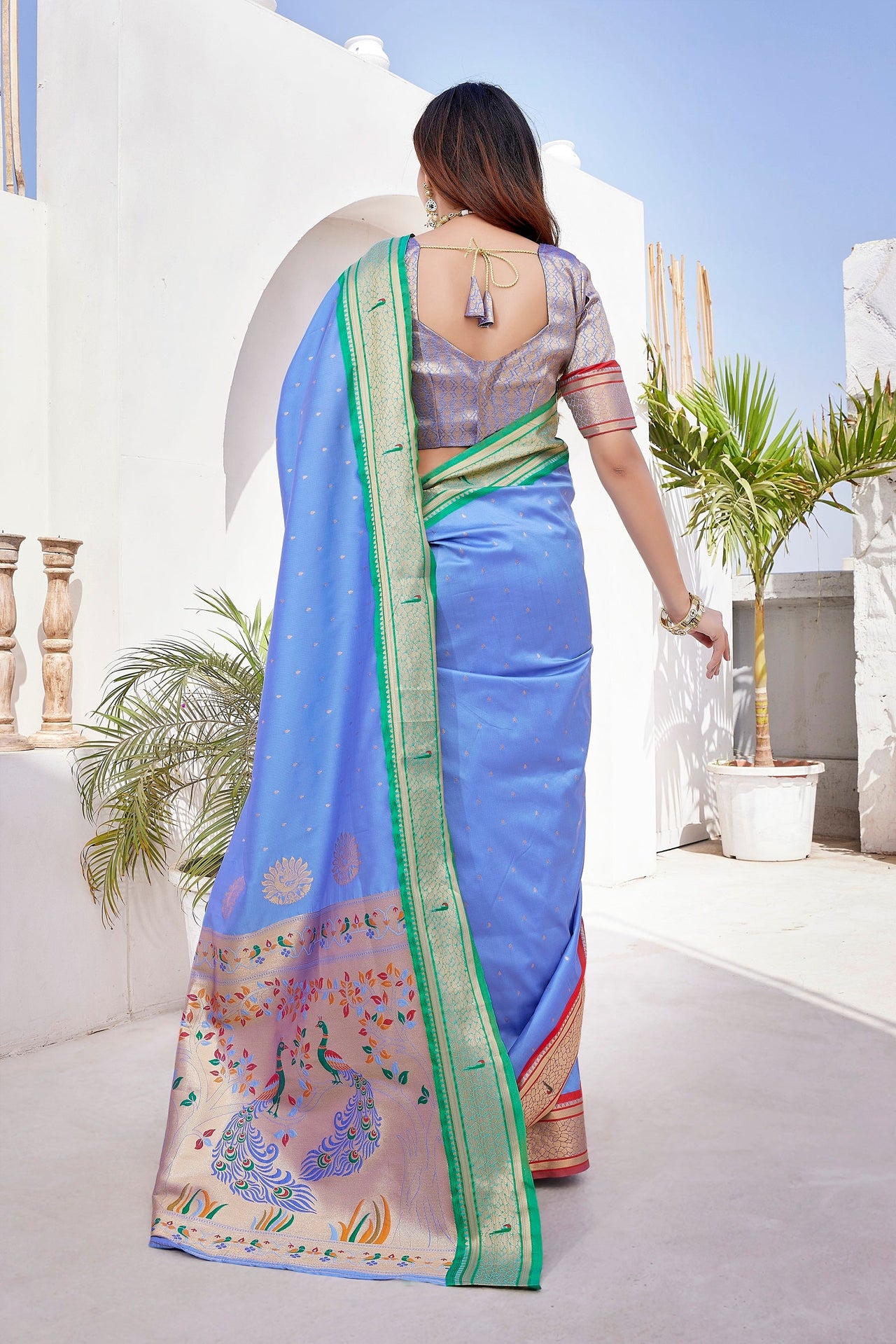 NOZ2TOZ Women Wedding Wear Zari Weaving Paithani Silk Saree with Unstitched Blouse - Sky Blue