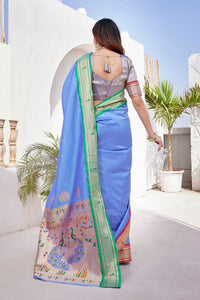 Thumbnail for NOZ2TOZ Women Wedding Wear Zari Weaving Paithani Silk Saree with Unstitched Blouse - Sky Blue