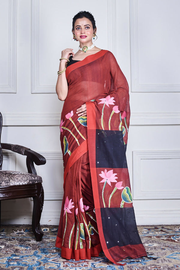 Morchari Multicolour Cotton Handloom Mirror Work Saree Unstitched Blouse