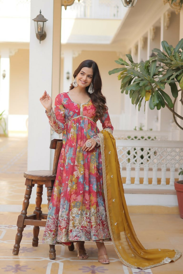 Jyoti Fashion Women's Pink & Yellow Russian Silk Sequins Zari Embroidery Anarkali Dress with Dupatta - Distacart