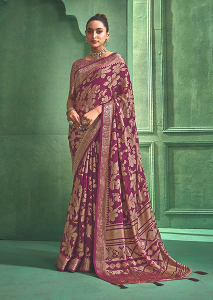 Joban Fashion Deep Magenta Dull Moss Brasso With Kasab Zari Border Saree & Tassels With Brasso Blouse