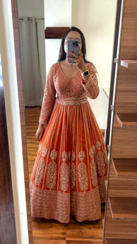 Thumbnail for Jyoti Fashion Women's Orange Faux Georgette Sequins with Thread Embroidered Designer Lehenga Choli Set