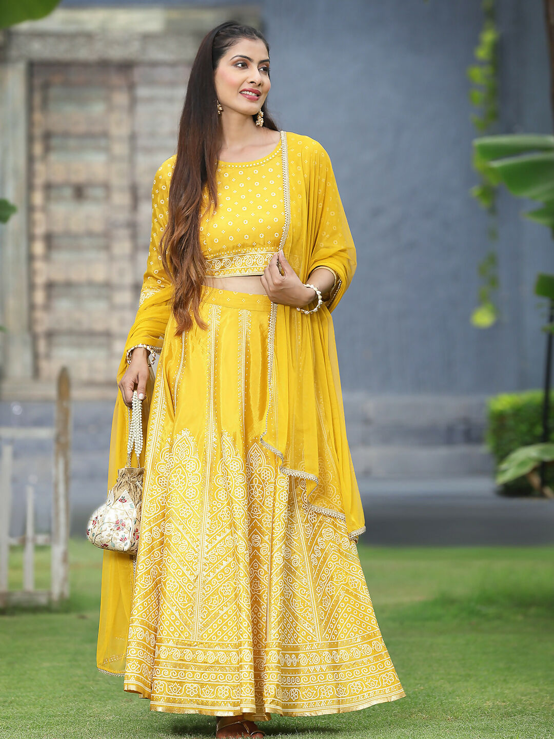 Juniper Mustard Bandhani Printed Shantoon Slub Lehenga Choli & Net Dupatta Set. - Distacart