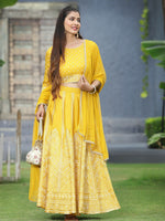 Thumbnail for Juniper Mustard Bandhani Printed Shantoon Slub Lehenga Choli & Net Dupatta Set. - Distacart