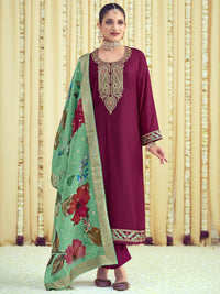 Thumbnail for Aastha Fashion Women's Magenta Raw Silk Cording with Resham Thread work Kurta with Trouser & Dupatta - Distacart