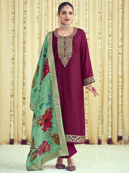 Aastha Fashion Women's Magenta Raw Silk Cording with Resham Thread work Kurta with Trouser & Dupatta - Distacart